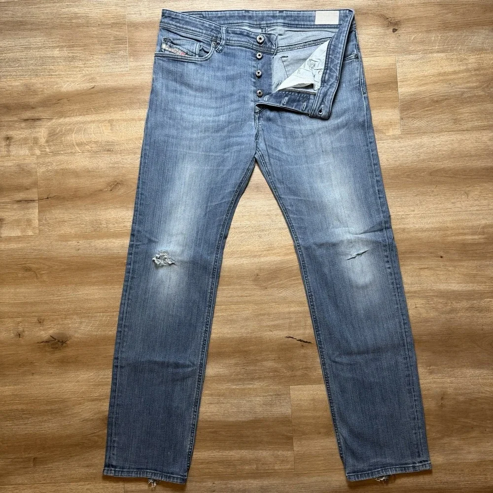 Diesel Waykee Jeans Men 33x32 Blue Straight Leg Distress Medium Wash Faded 0814W